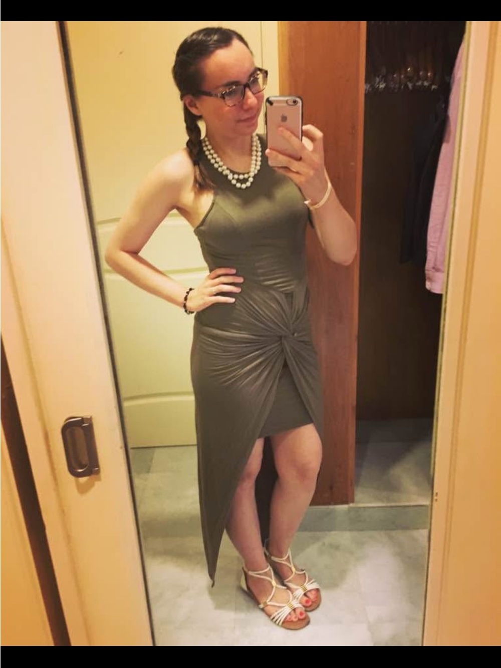 Olive Green Twist-Knot High-Low Sleeveless Dress
